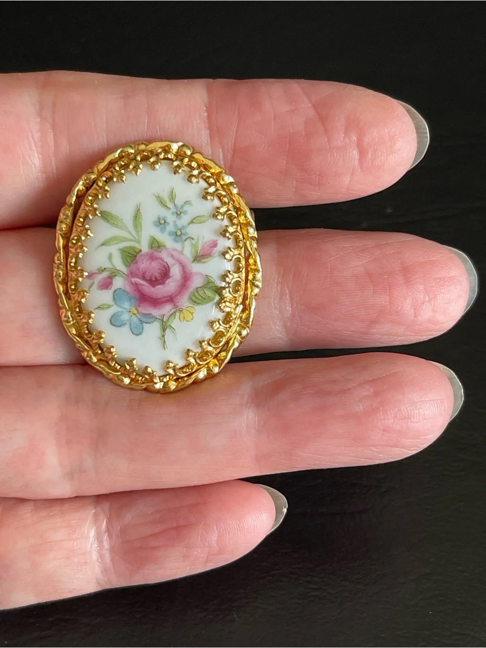 Vintage French Limoges hand painted Floral Porcelain Oval Brooch.
